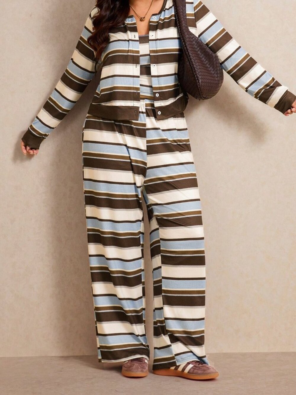 Multicolor Casual Women's Colorblock Camisole & Knit Cardigan And Long Pants Set